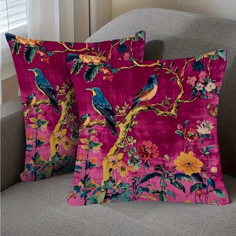NWT Set of Two (2) Bird Floral Pillow Covers 18x18 Vintage Cottagecore Zipper